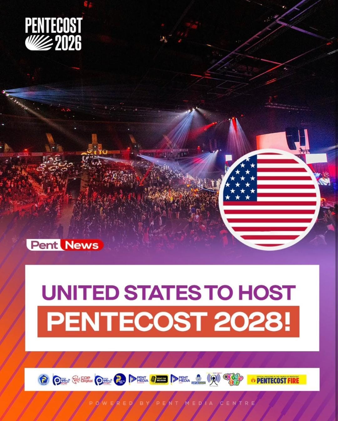 Pent News graphic announcing the United States as host nation for Pentecost 2028